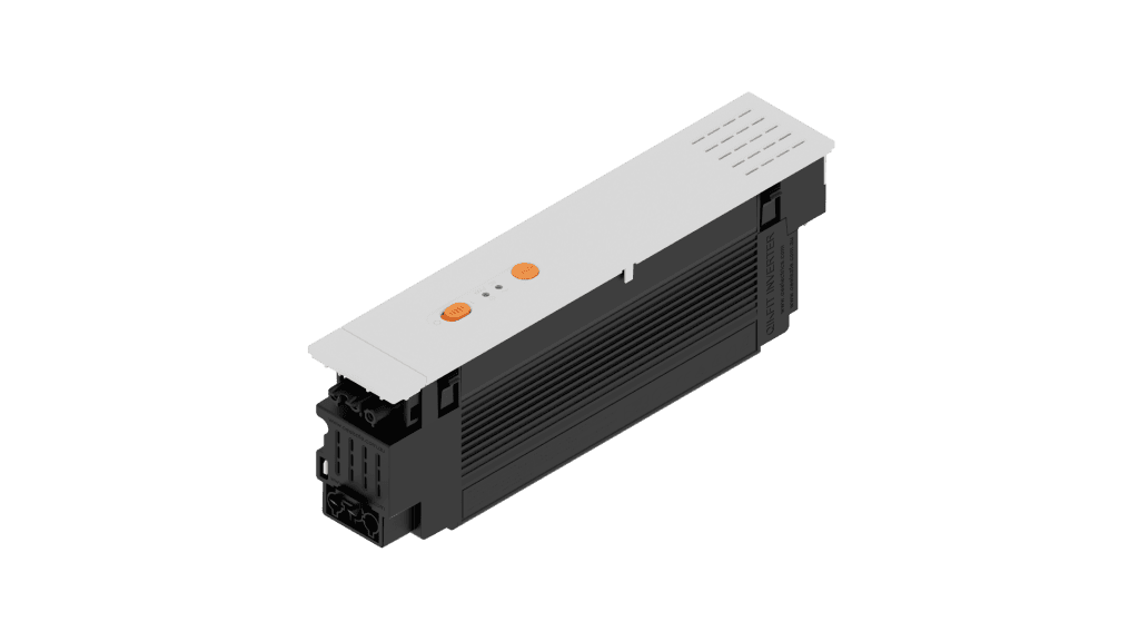 White control module with two orange push buttons resting atop a black industrial inverter unit; gray background shows device wiring connectors at the base.