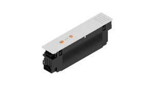 White control module with two orange push buttons resting atop a black industrial inverter unit; gray background shows device wiring connectors at the base.