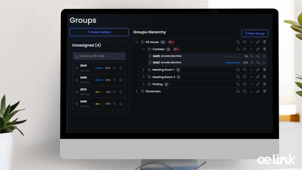 Screenshot of a dark-mode groups management UI showing an Unassigned (4) list on the left and a Groups Hierarchy on the right with folders like OE House and Canteen.