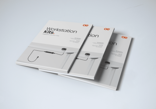 Three white brochures fanned out, with titles 'Workstation Kits' and an orange logo, displaying product layouts on light blue background.