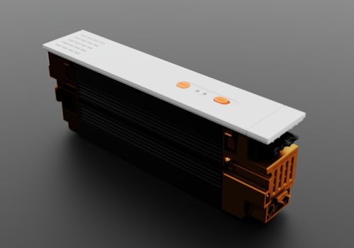 White control panel with two orange circular buttons atop a rack-mounted industrial unit viewed from an angle.