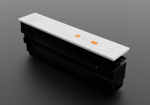 White rectangular control module with two orange circular buttons on top, mounted on a black equipment rack.