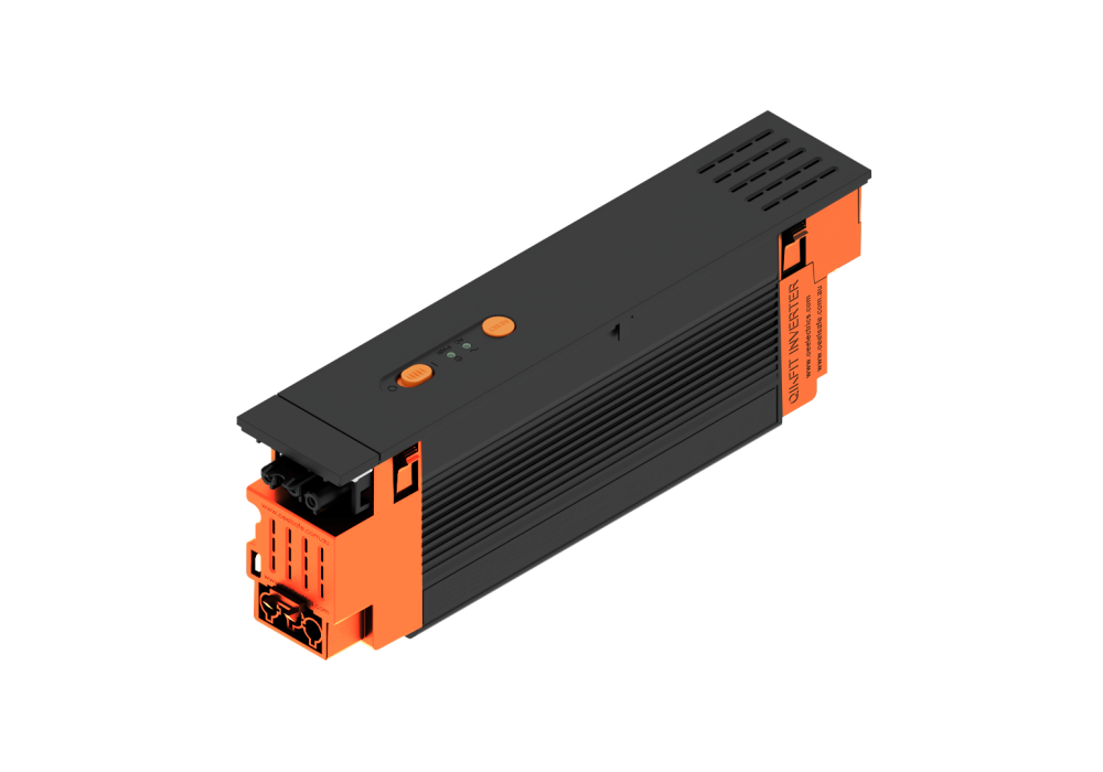 Industrial servo/inverter drive module with black body and orange terminal blocks, viewed at an angle for assembly reference