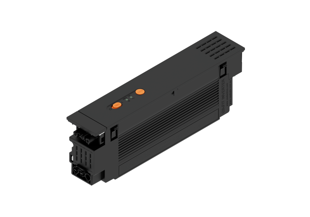 Industrial drive module with orange start/stop buttons and vented top in dark gray enclosure