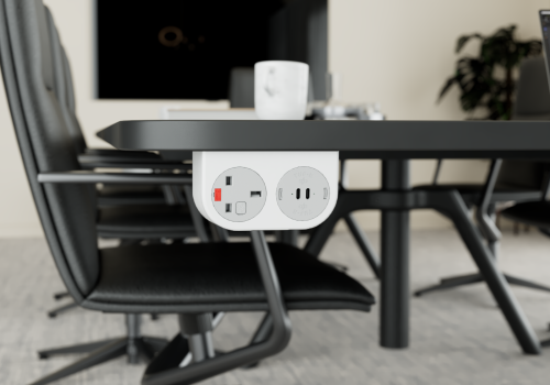 a white pro phase 100w with grey fascias on the underside of a desk
