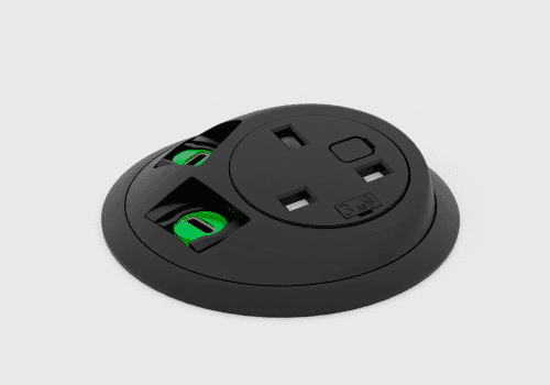 Close-up of a round black charging dock with USB ports and glowing green indicators on a light background.