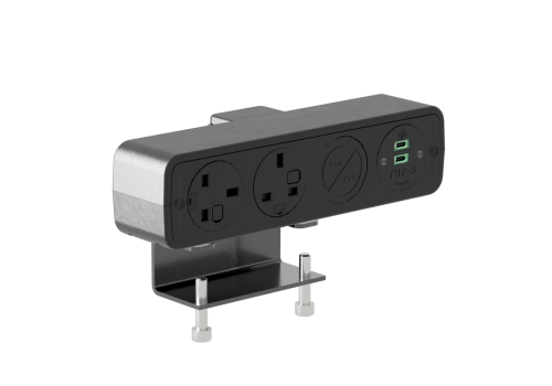 Black power strip with two European outlets and a USB charging section mounted on a metal stand.
