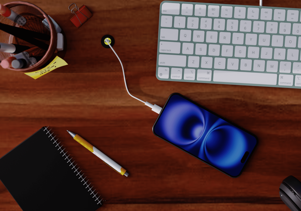 piton usb extension mounted in desk surface with bezel, charging a phone